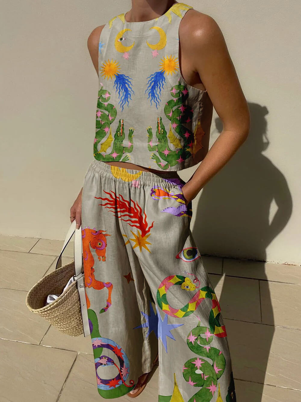 Unique Print Tank Top and Elastic Waist Trousers with Pockets Set