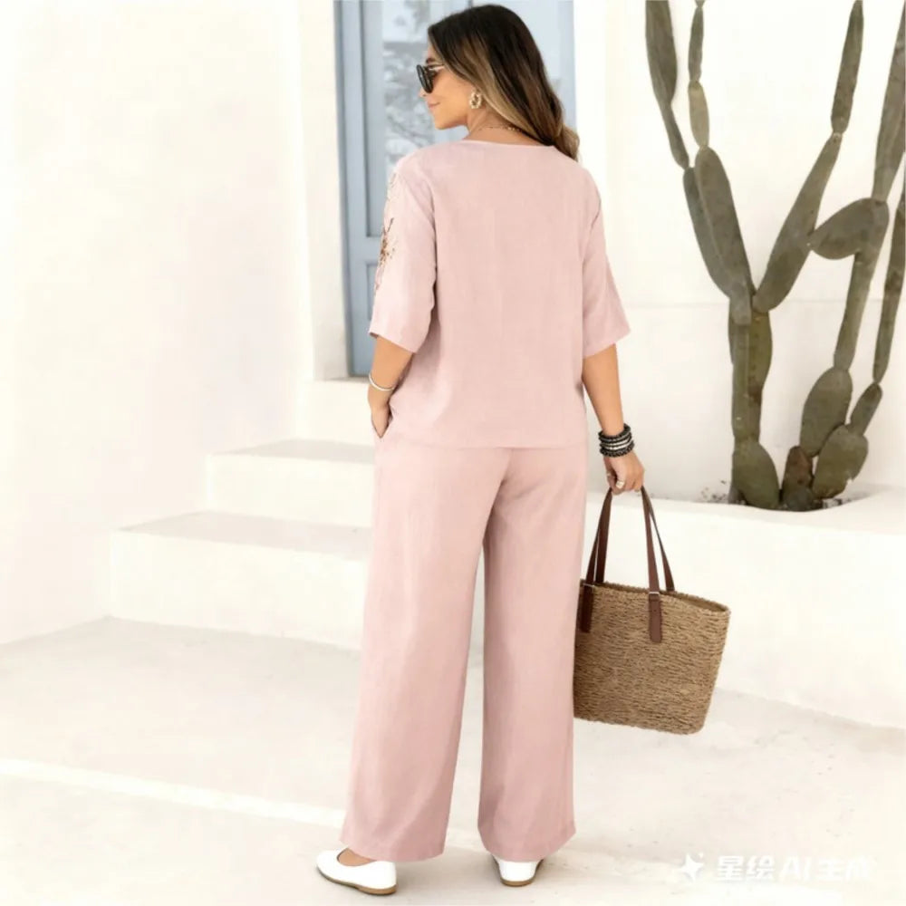 Felena | Set di Pantaloni Eleganti a Gamba Larga Ricamati Retro