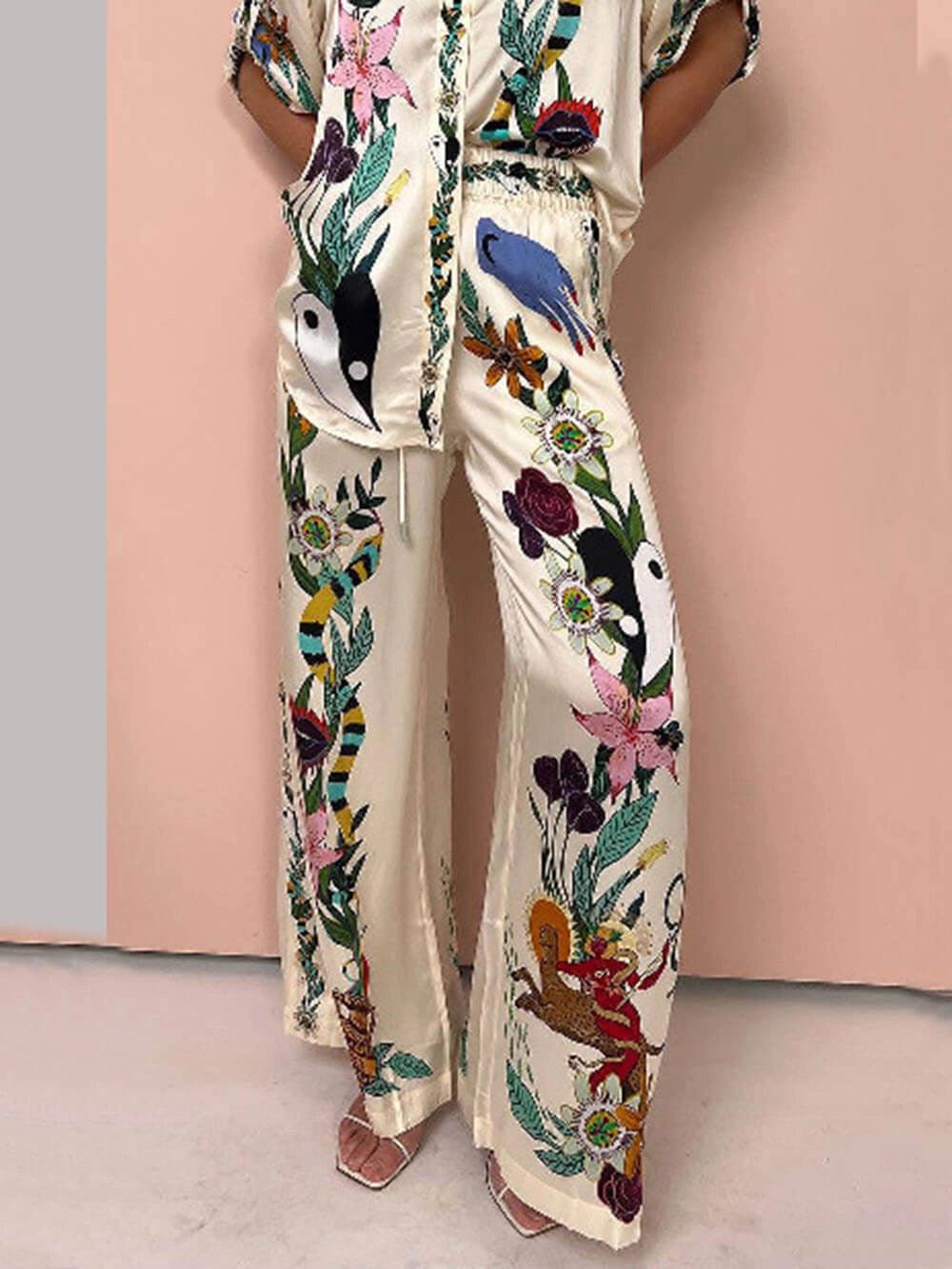 Satin Shirt and Trousers Set with Unique Print