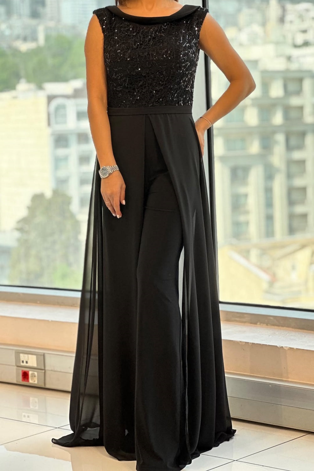 Tulle Jumpsuit with Round Neck and Textured Panels