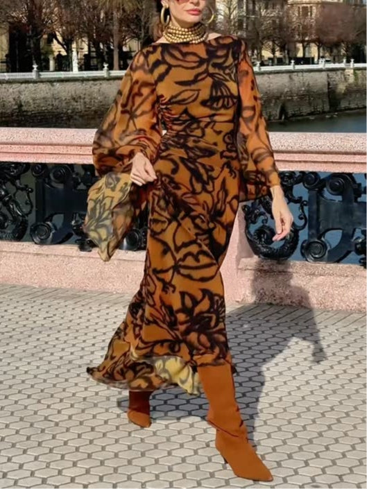 Brown Long Printed Dress with Wide Sleeves