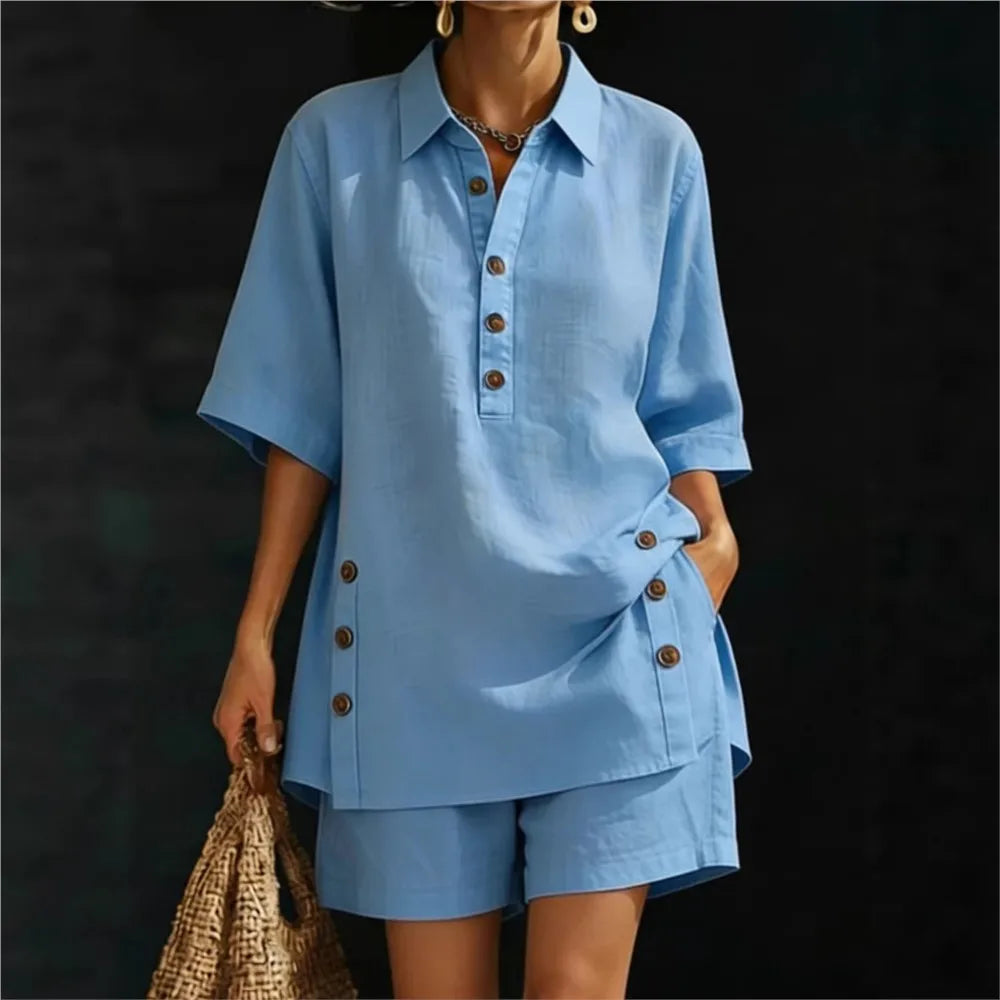 Solena | Camicia corta a maniche corte con collo a revers e pantaloni con tasche a fessura