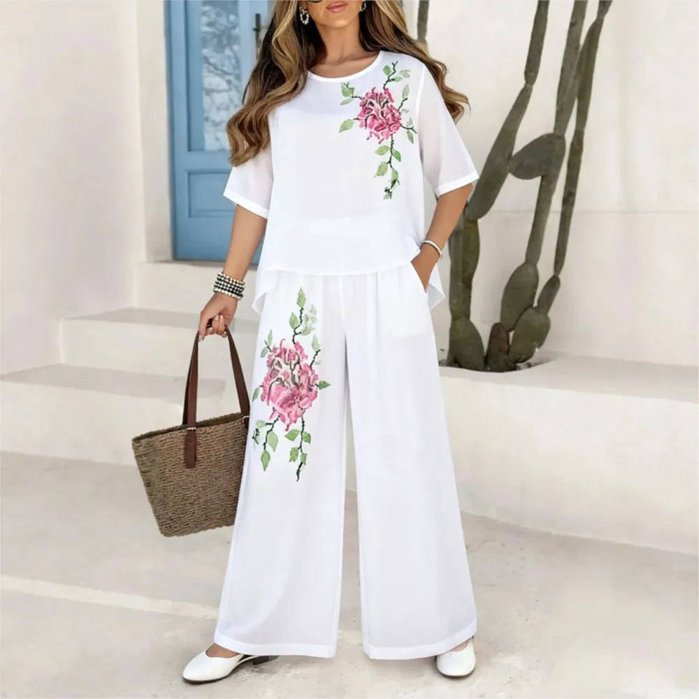Felena | Set di Pantaloni Eleganti a Gamba Larga Ricamati Retro