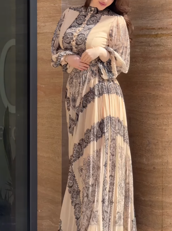 Ethnic Style Printed High-Neck Button-Down Maxi Dress (Belt Included)