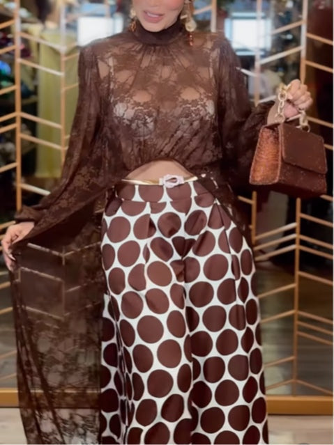 Brown Lace Robe Top and Polka-Dot Trousers Set