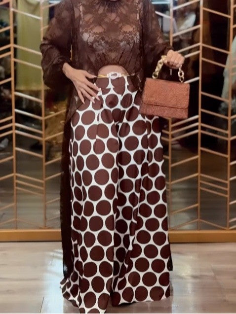Brown Lace Robe Top and Polka-Dot Trousers Set