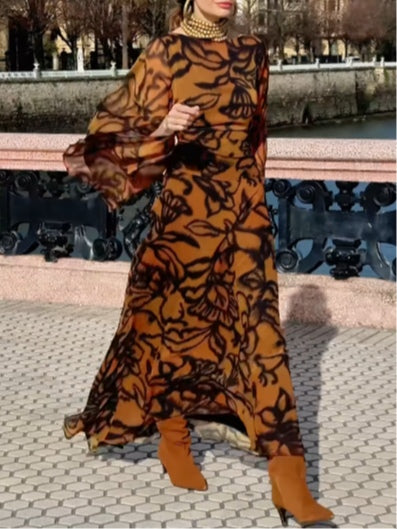 Brown Long Printed Dress with Wide Sleeves