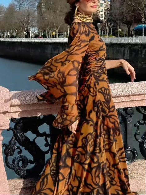 Brown Long Printed Dress with Wide Sleeves