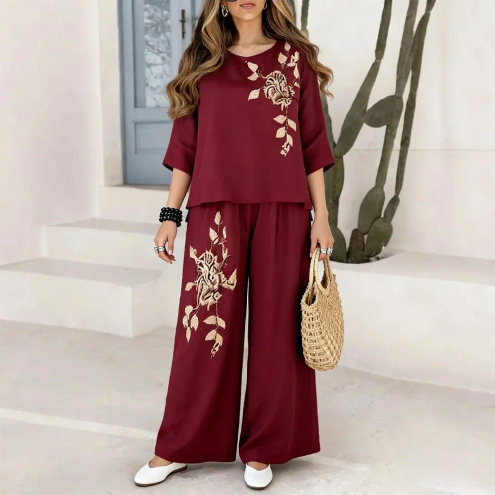 Felena | Set di Pantaloni Eleganti a Gamba Larga Ricamati Retro