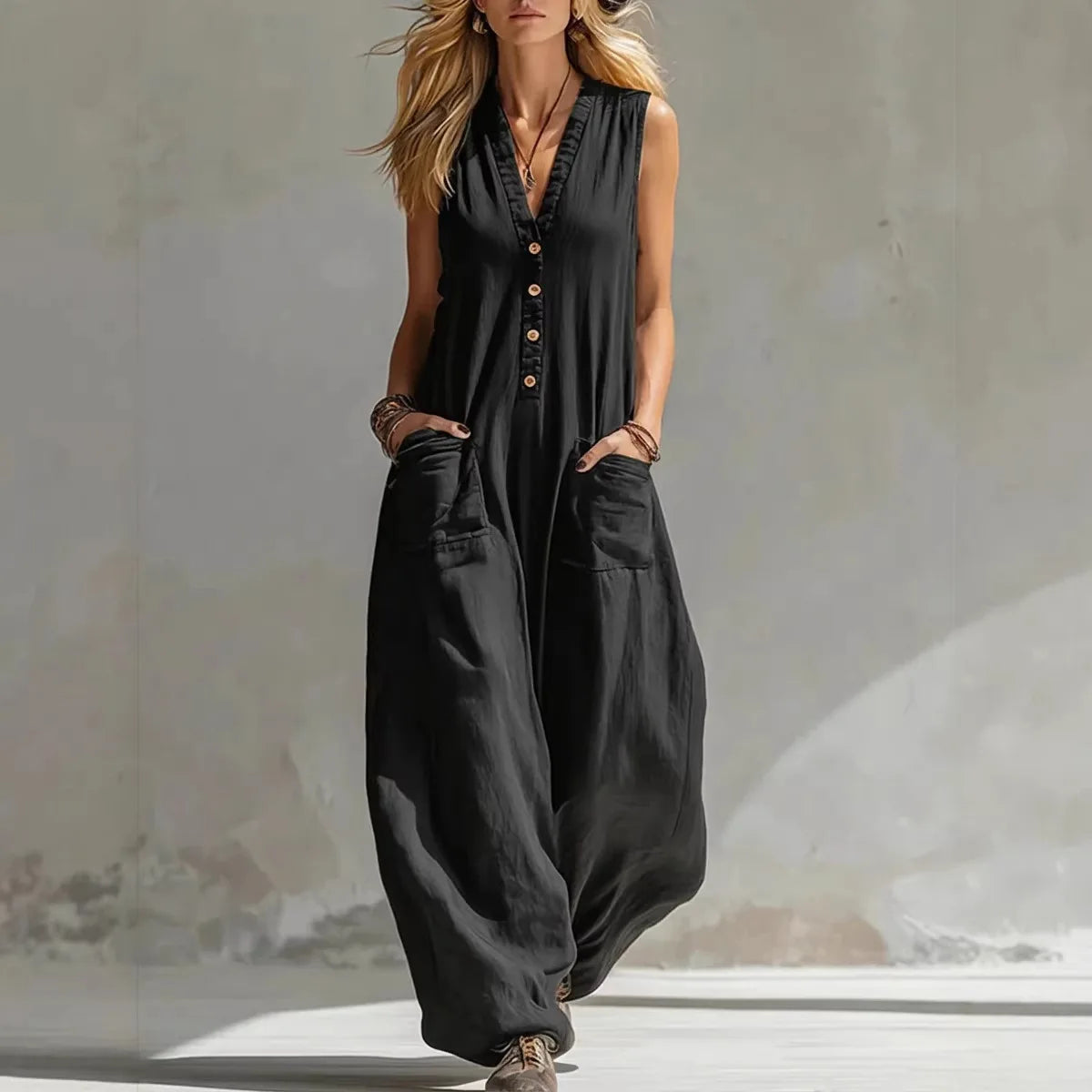 Liora | Salopette senza maniche in lino e cotone casual
