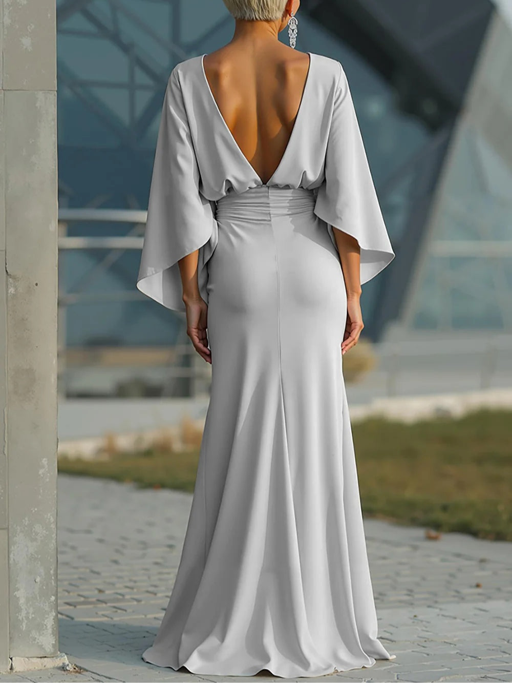 Elegant V-Neck Backless Batwing-Sleeve Dress