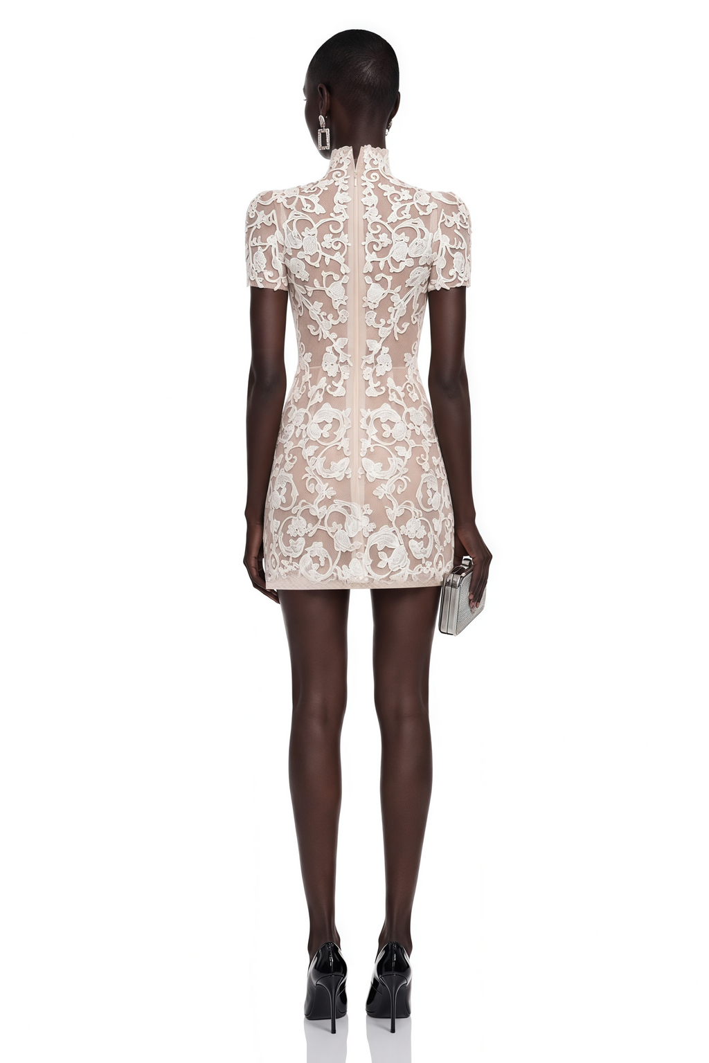 Simona Nude Lace Mini Dress with Bow Detail