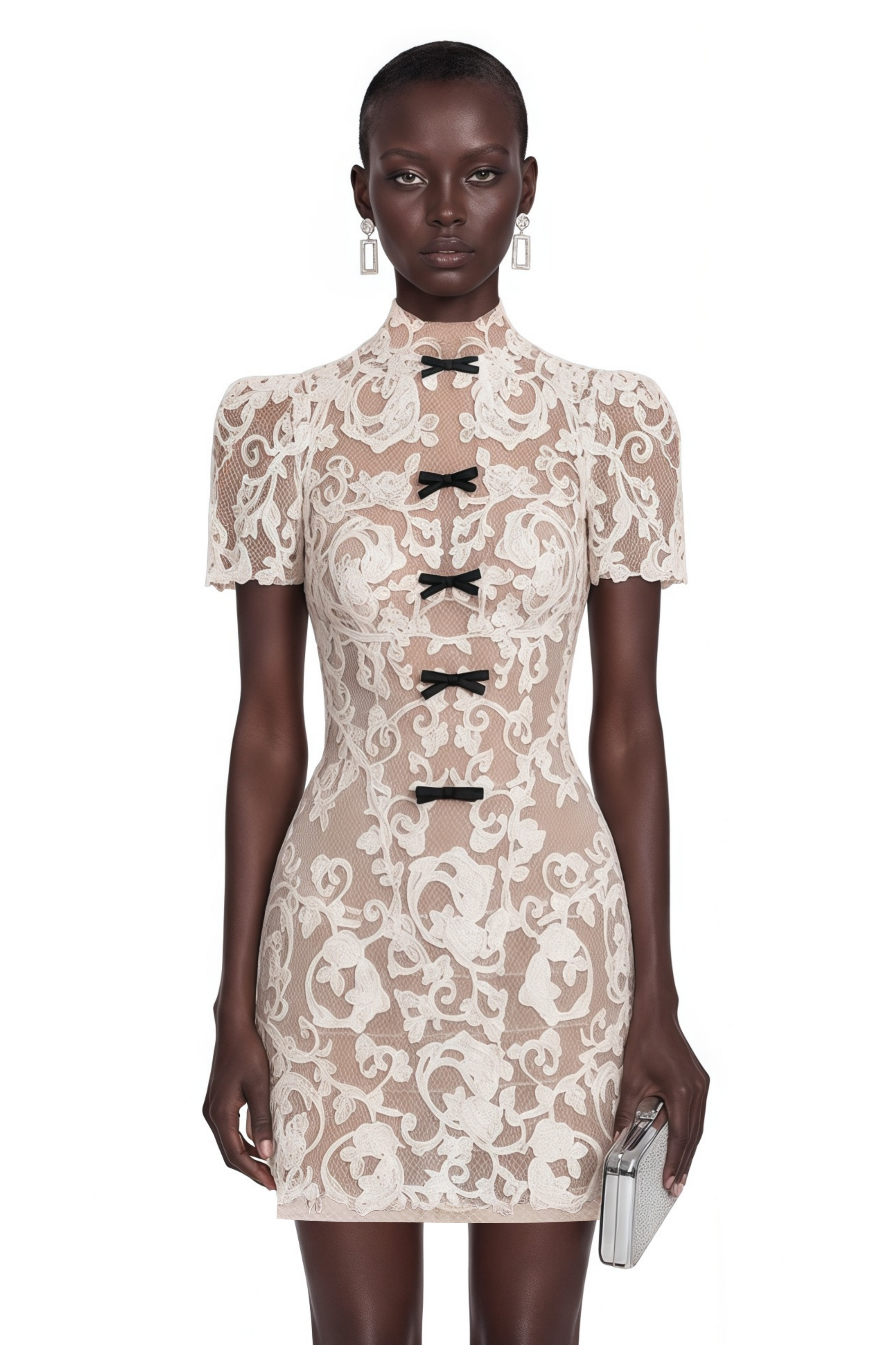 Simona Nude Lace Mini Dress with Bow Detail