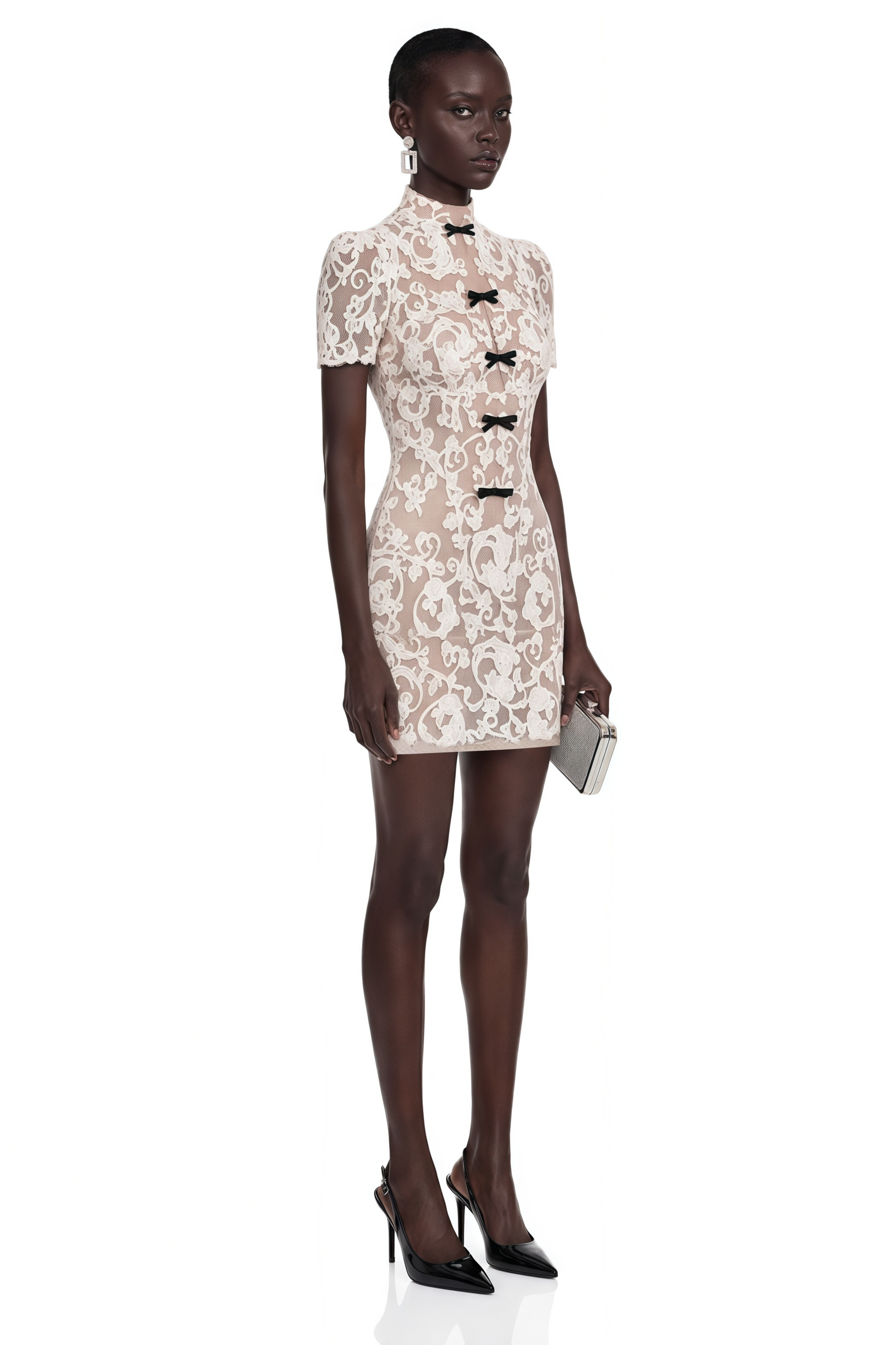 Simona Nude Lace Mini Dress with Bow Detail