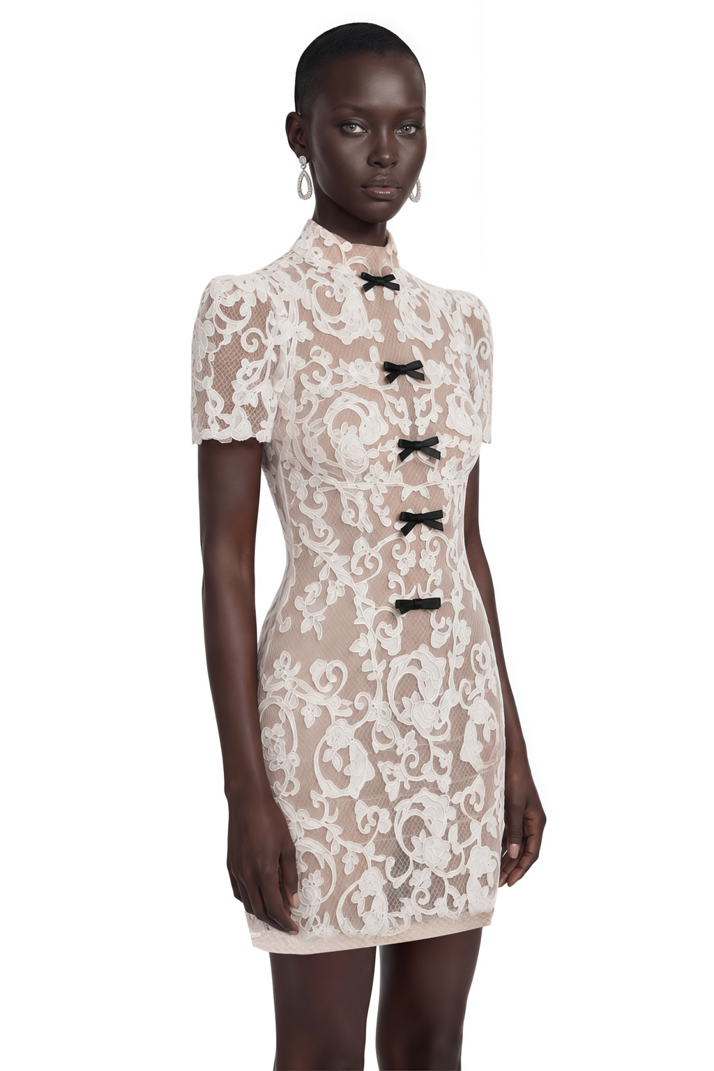 Simona Nude Lace Mini Dress with Bow Detail