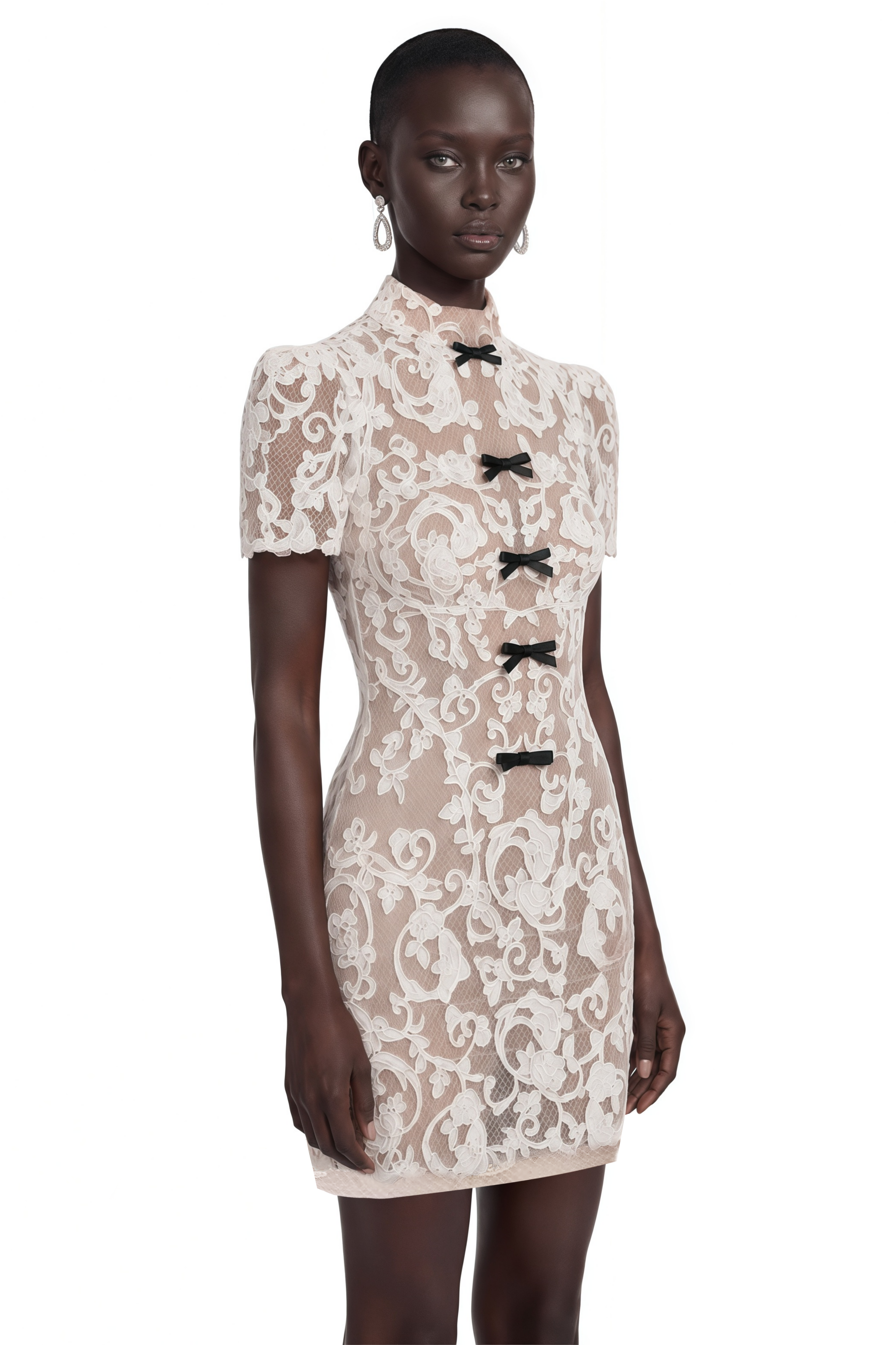 Simona Nude Lace Mini Dress with Bow Detail
