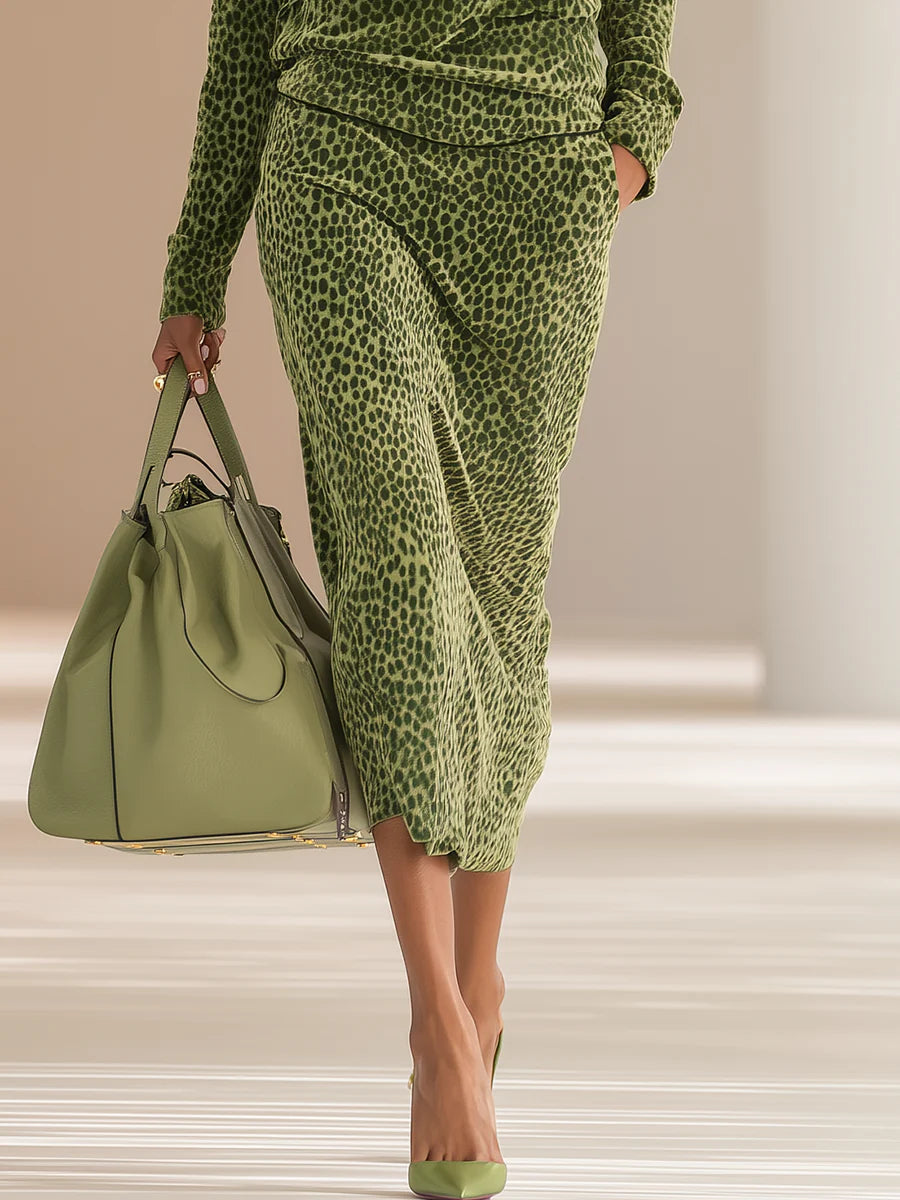 Retro Velvet Leopard Print Set, Mandarin Collar - Top + Skirt