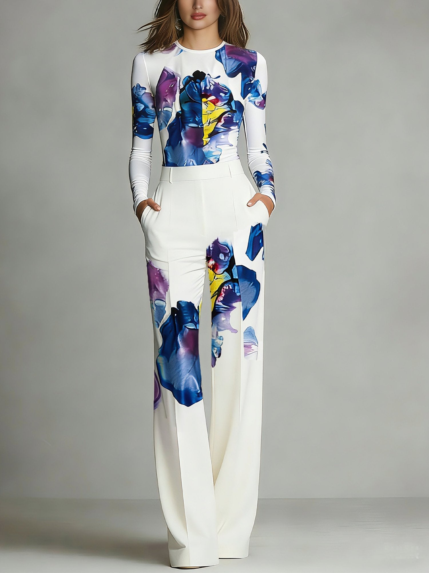 Color-Blocked Partial Print Crew-Neck Top and Trousers Set
