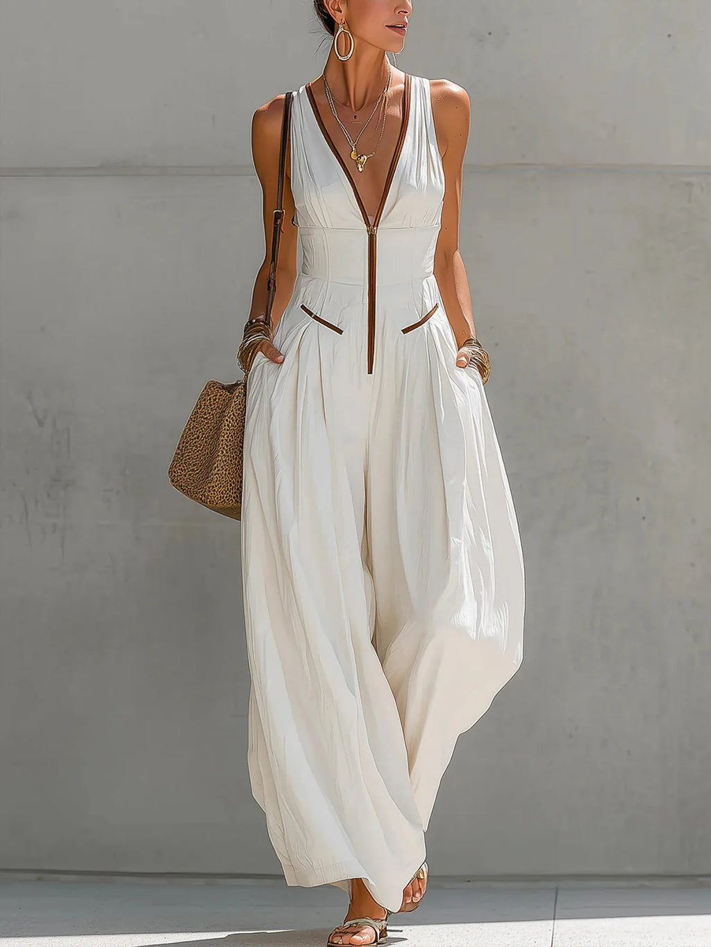 Urban Zipper Color-Block V-Neck Jumpsuit