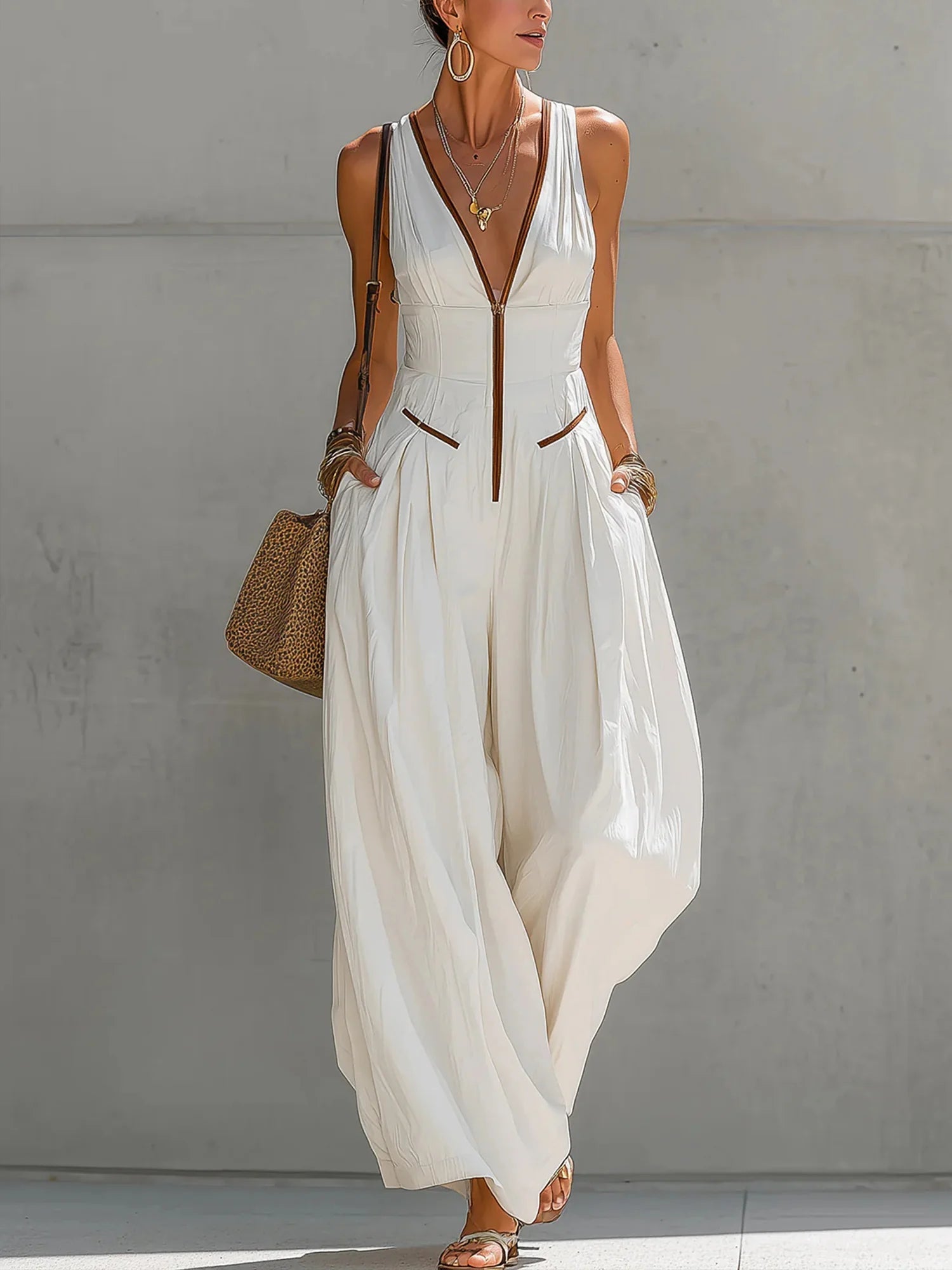 Urban Zipper Color-Block V-Neck Jumpsuit