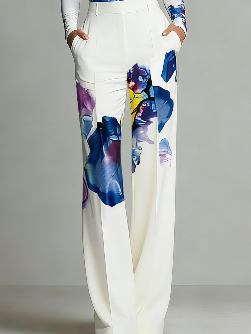 Color-Blocked Partial Print Crew-Neck Top and Trousers Set