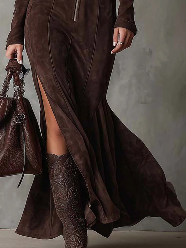 Vintage Brown Maxi Dress with Zip and Belt (Belt Included)