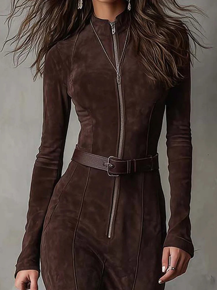 Vintage Brown Maxi Dress with Zip and Belt (Belt Included)
