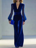 Elegant Retro Royal Velvet V-Neck Jumpsuit with Mesh and Long Sleeves