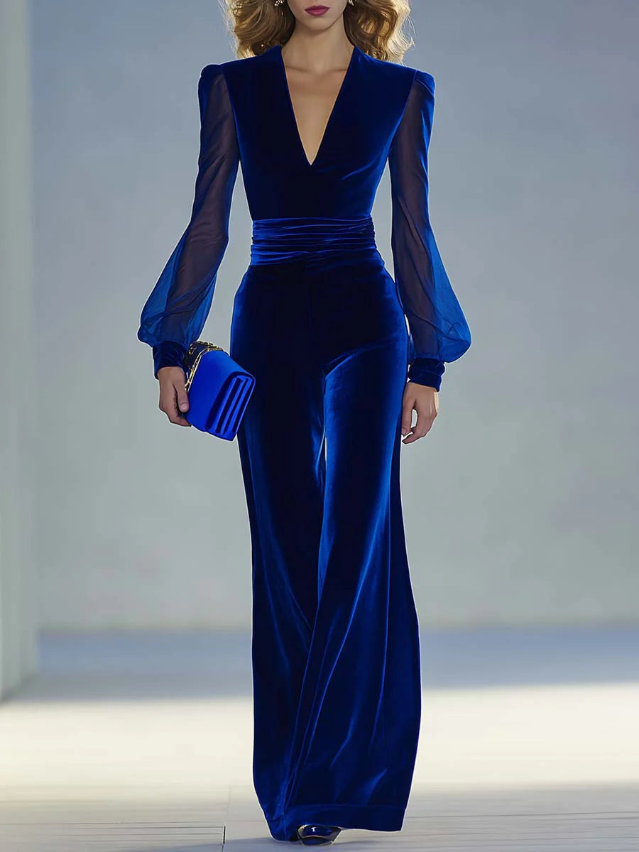 Elegant Retro Royal Velvet V-Neck Jumpsuit with Mesh and Long Sleeves
