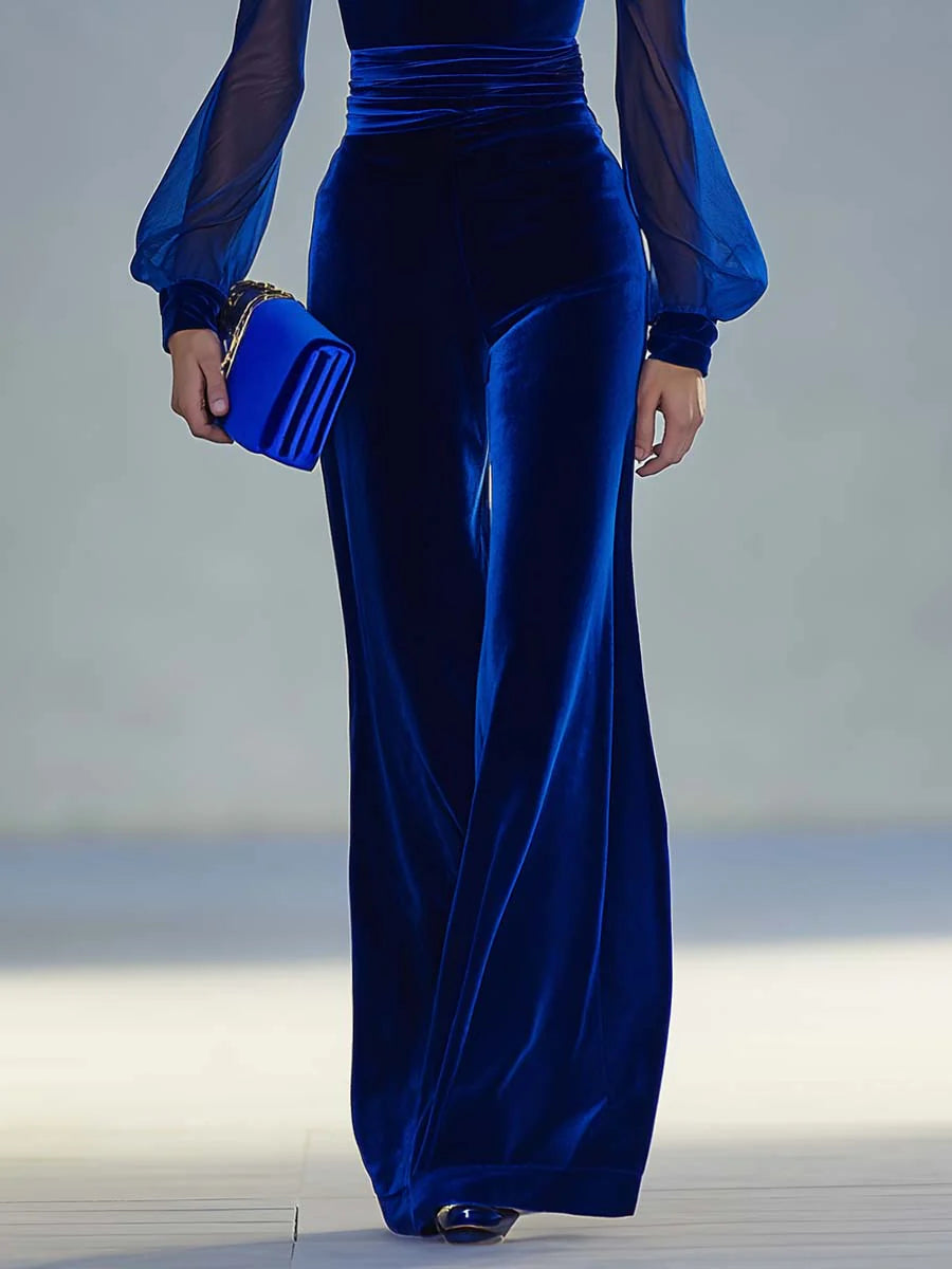 Elegant Retro Royal Velvet V-Neck Jumpsuit with Mesh and Long Sleeves