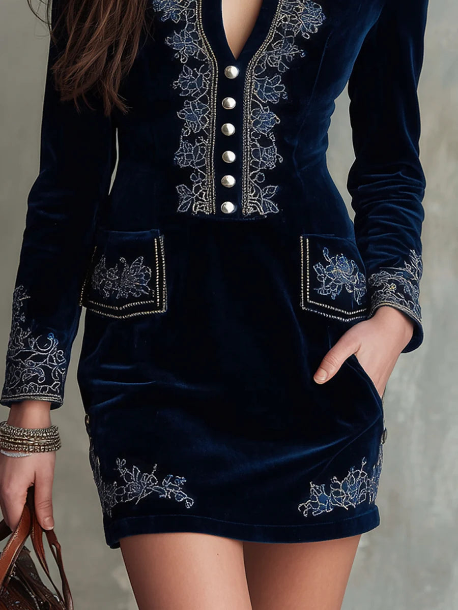 Bodycon Velvet Mini Dress with Vintage Embroidery