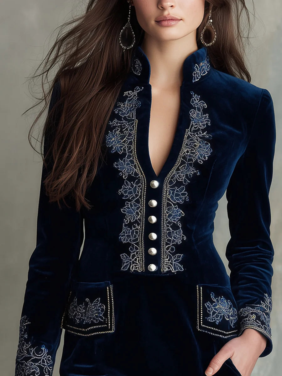Bodycon Velvet Mini Dress with Vintage Embroidery
