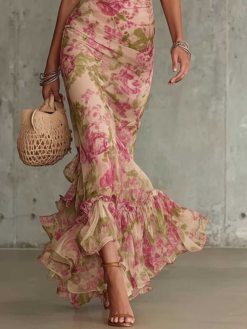 Vintage Rose Print Maxi Dress with Puff Sleeves
