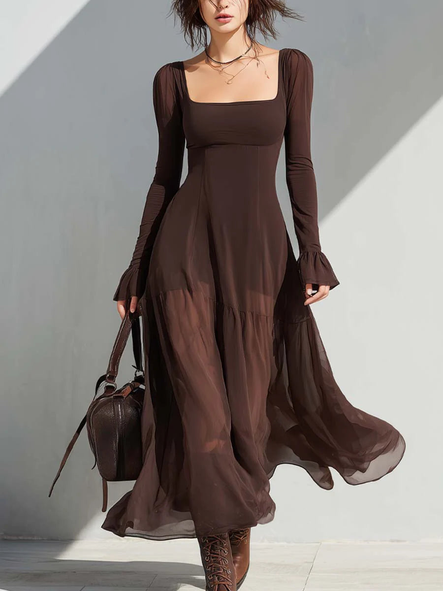 Abito midi svasato vintage con maniche trasparenti e scollo quadrato