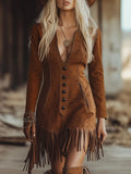 Brown Suede-Effect Fringed Western-Style Long-Sleeved Minidress