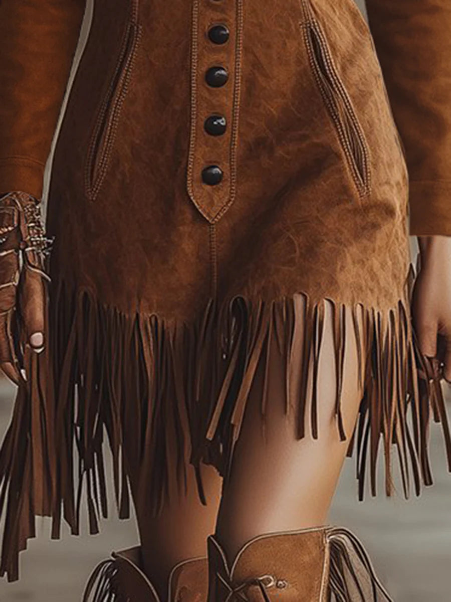 Brown Suede-Effect Fringed Western-Style Long-Sleeved Minidress
