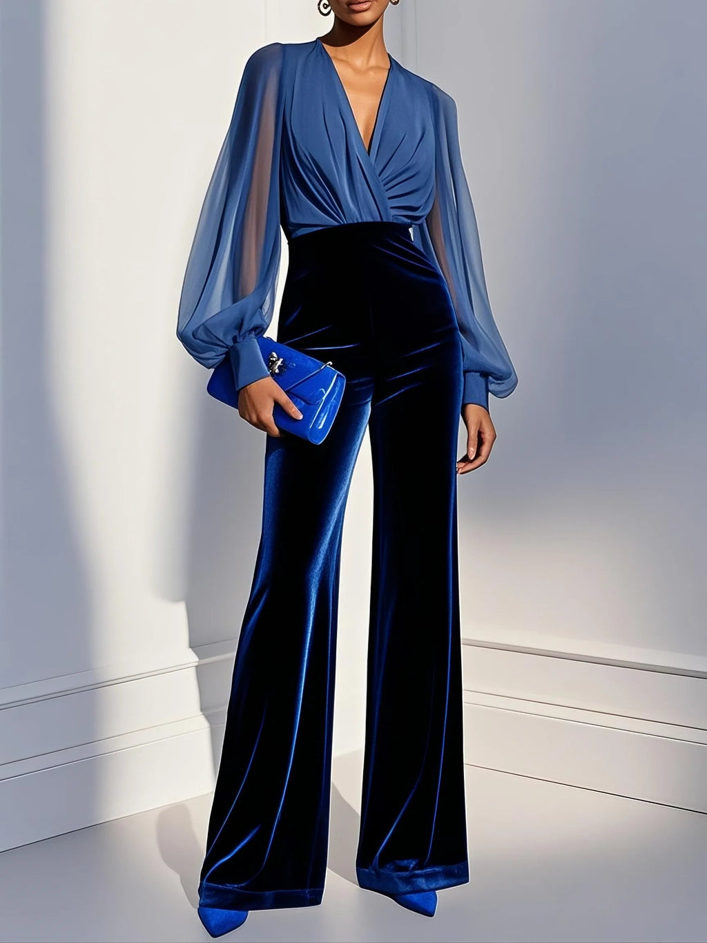 Blue Velvet Jumpsuit with V-Neck Mesh and Long Sleeves