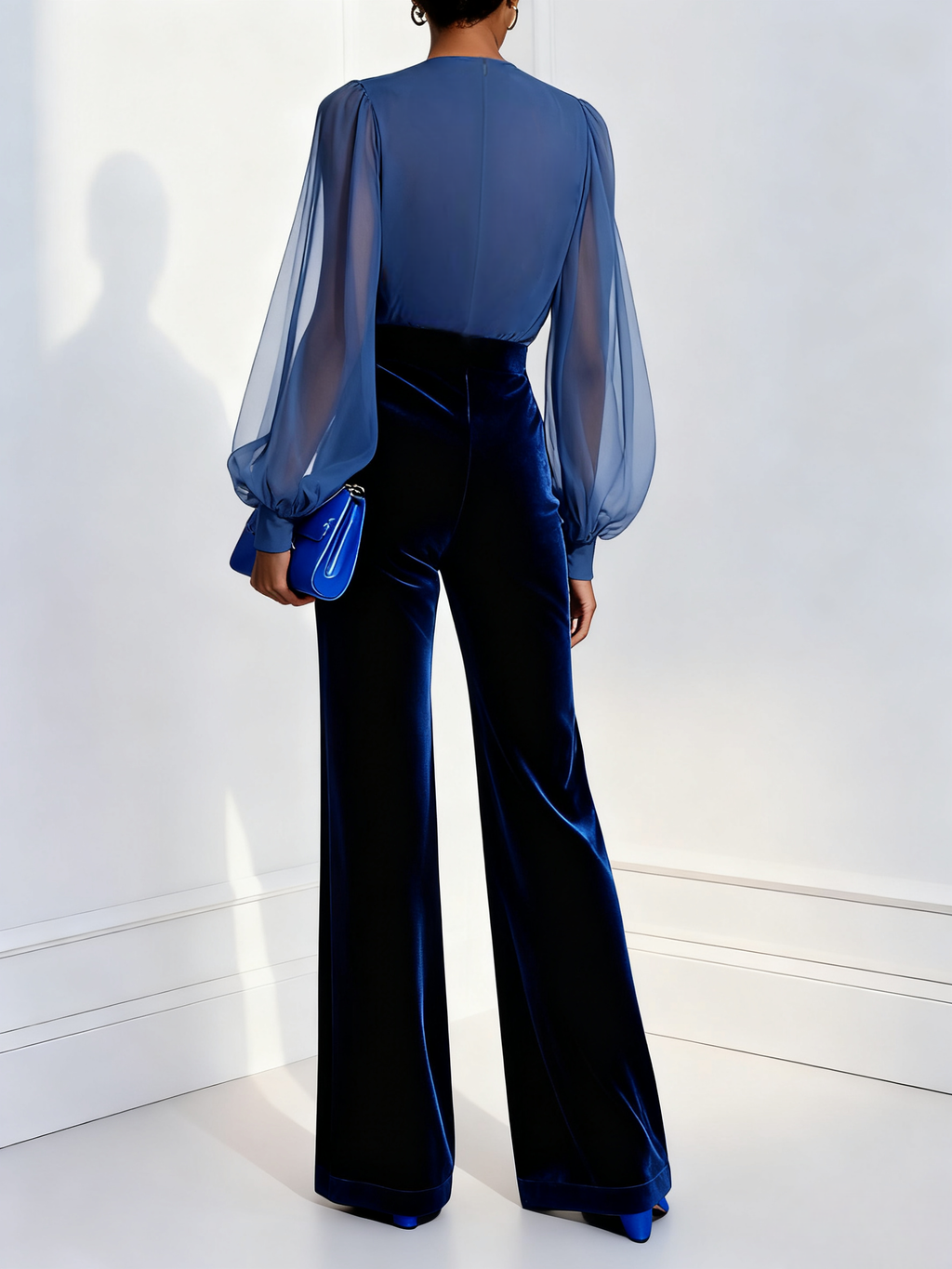 Blue Velvet Jumpsuit with V-Neck Mesh and Long Sleeves