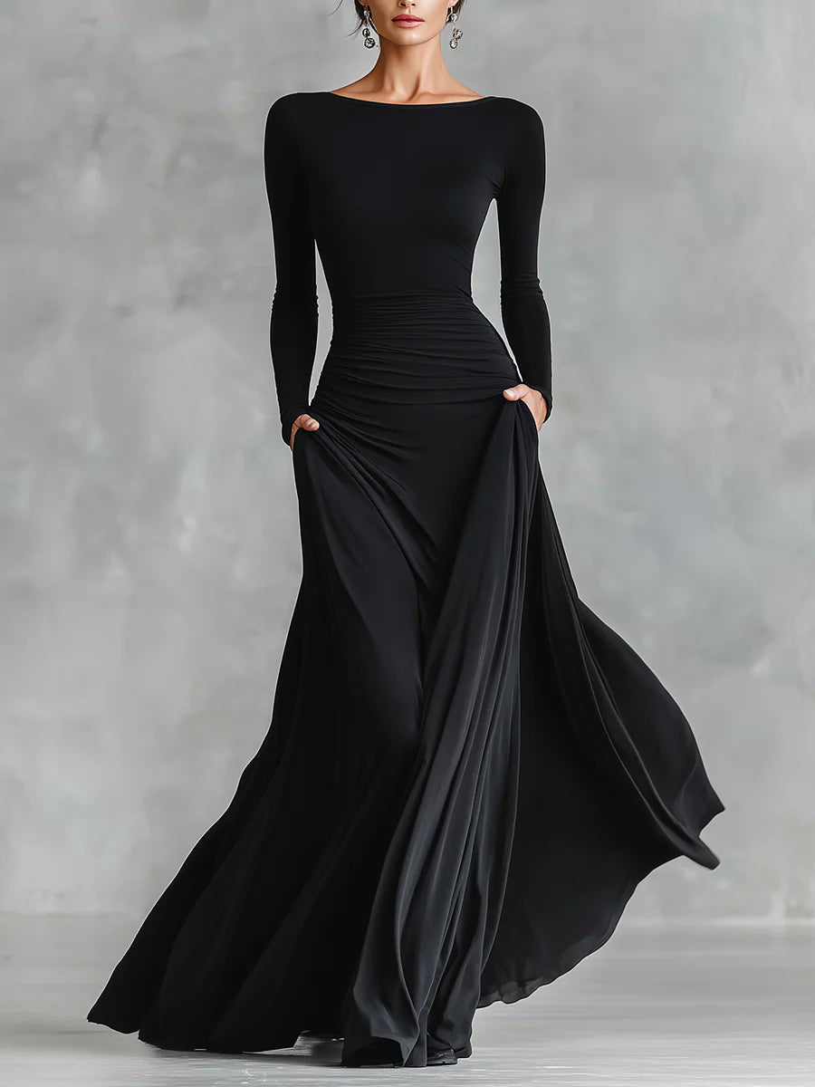 Modern Black Long Crêpe Dress with Pleats and Boat Neck