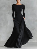 Modern Black Long Crêpe Dress with Pleats and Boat Neck