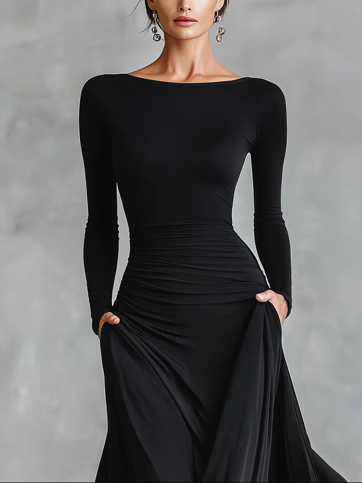 Modern Black Long Crêpe Dress with Pleats and Boat Neck