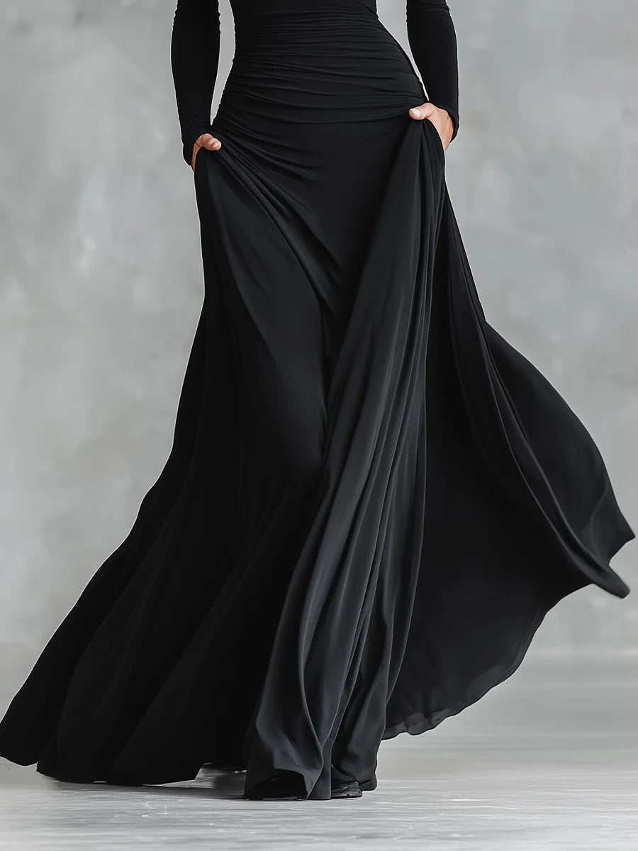 Modern Black Long Crêpe Dress with Pleats and Boat Neck