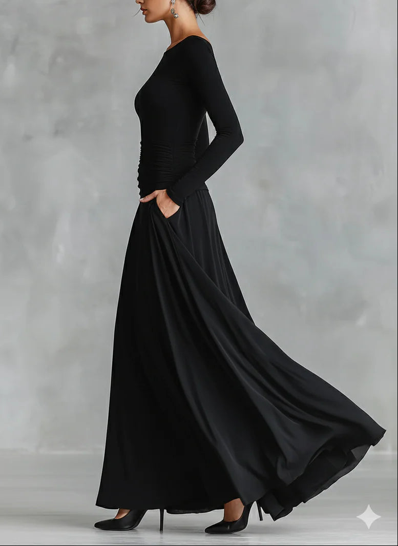 Modern Black Long Crêpe Dress with Pleats and Boat Neck