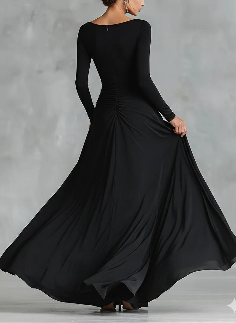 Modern Black Long Crêpe Dress with Pleats and Boat Neck
