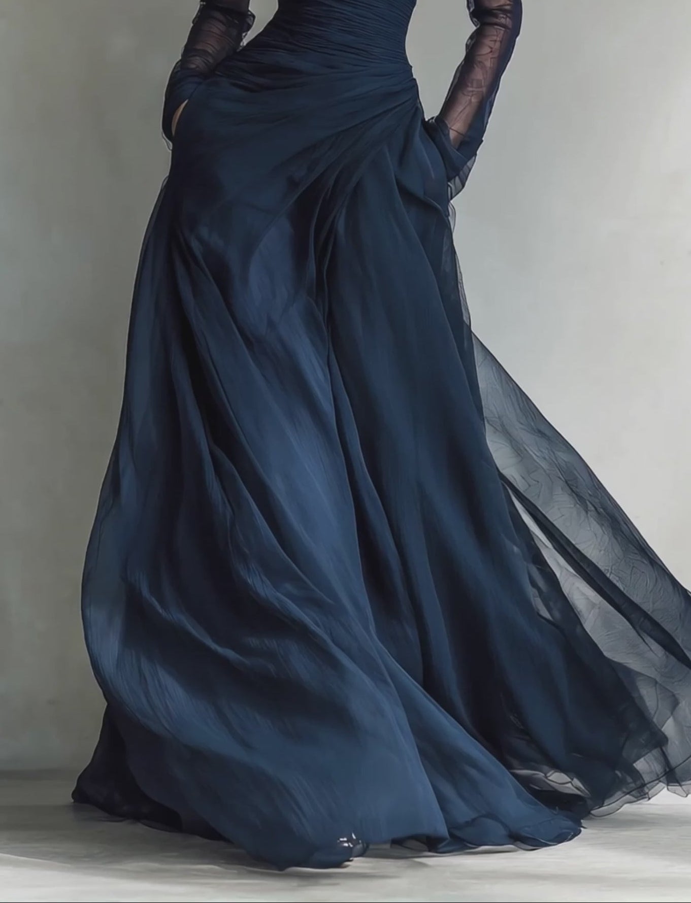 Elegant Navy Organza Off-Shoulder Fitted Maxi Dress