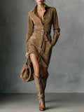 Single-Breasted Suede Midi Dress with Lapel and Long Sleeves (Belt Included)