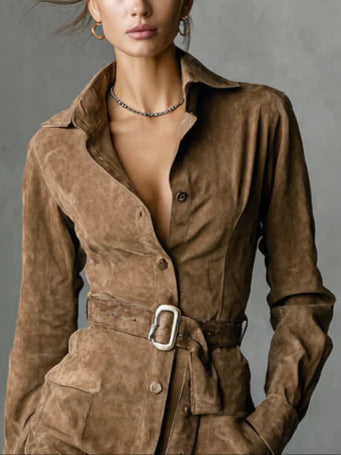Single-Breasted Suede Midi Dress with Lapel and Long Sleeves (Belt Included)