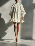 Beige Satin Puff-Sleeve Ruffle Mini Dress
