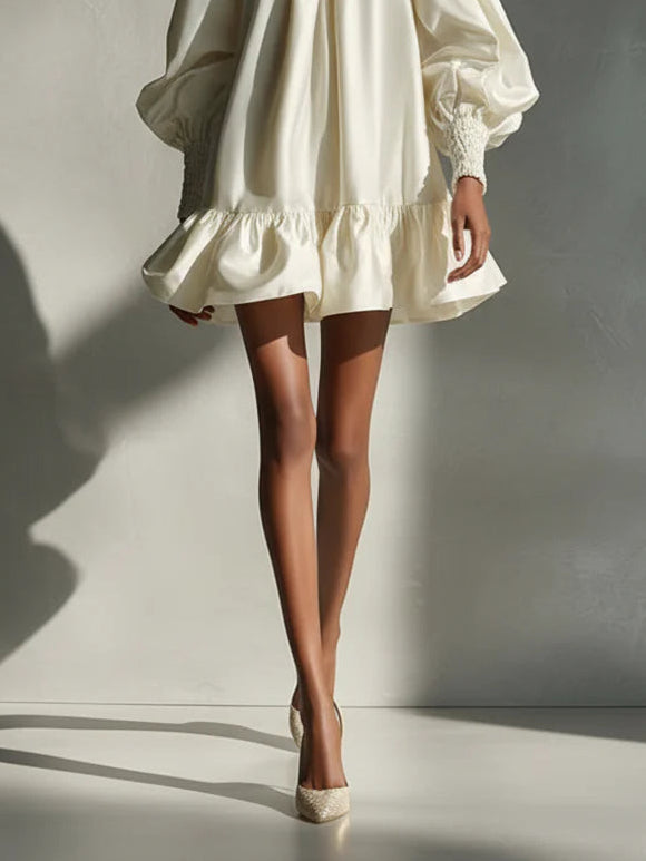 Beige Satin Puff-Sleeve Ruffle Mini Dress