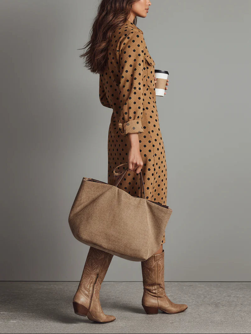 Polka Dot Faux Suede Midi Shirt Dress